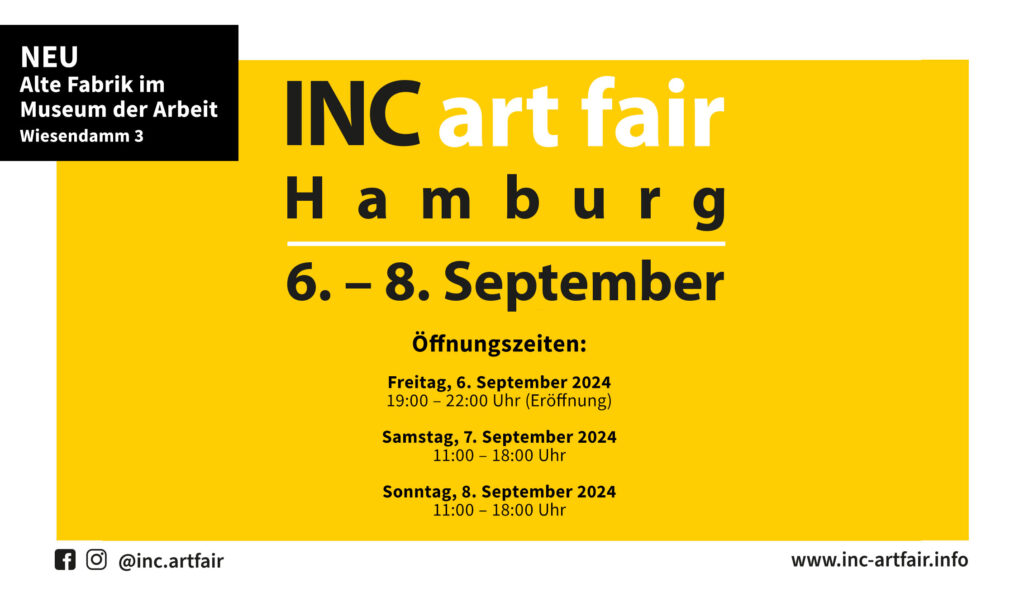 Banner der INC art fair Hamburg 2024 mit Öffnungszeiten